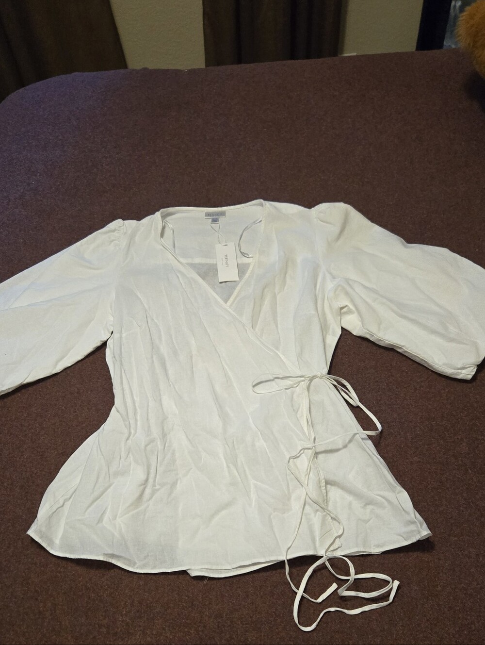 Refinity Top Serene Ivory Cotton Linen Puff-sleeve Wrap Design Size Med/18